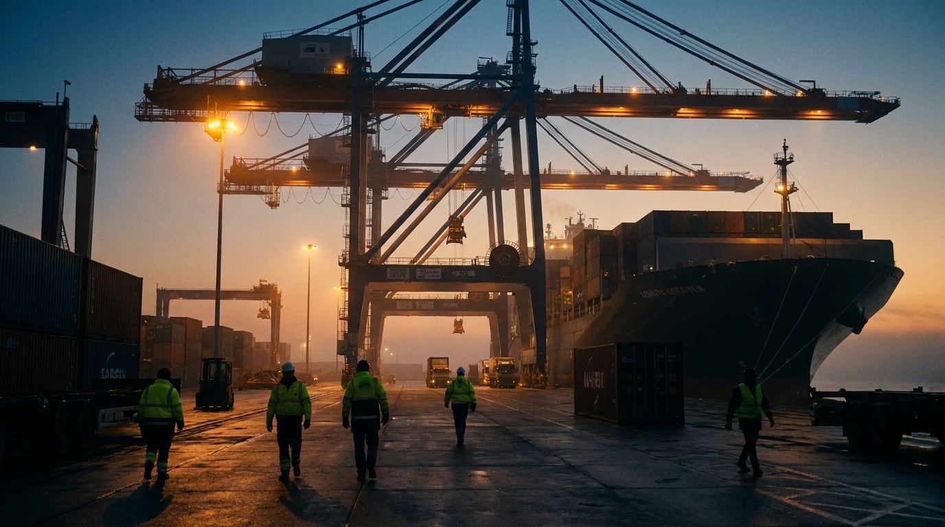 Port operations at dusk in Tema